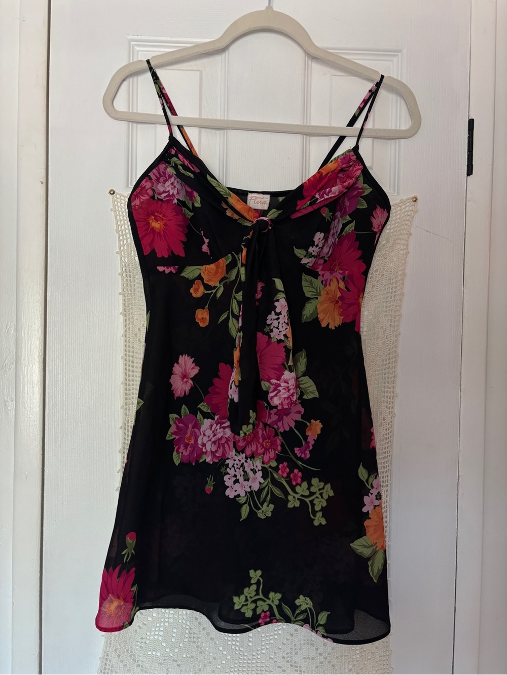 Floral Tie-Front Black Slip Dress
